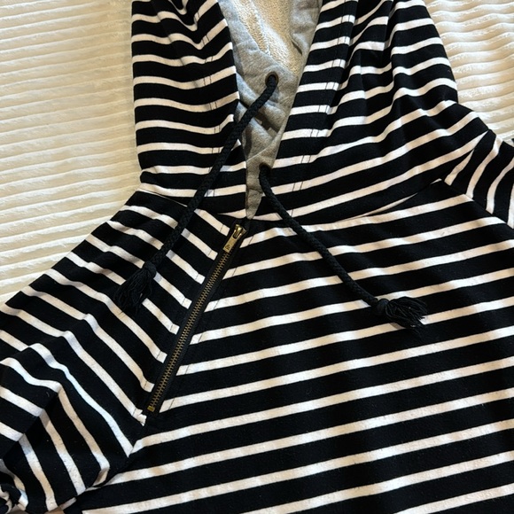 Ampersand Double Hoodie Black White Gray Stripe Baseball Style Tunic Sweatshirt - Picture 3 of 13